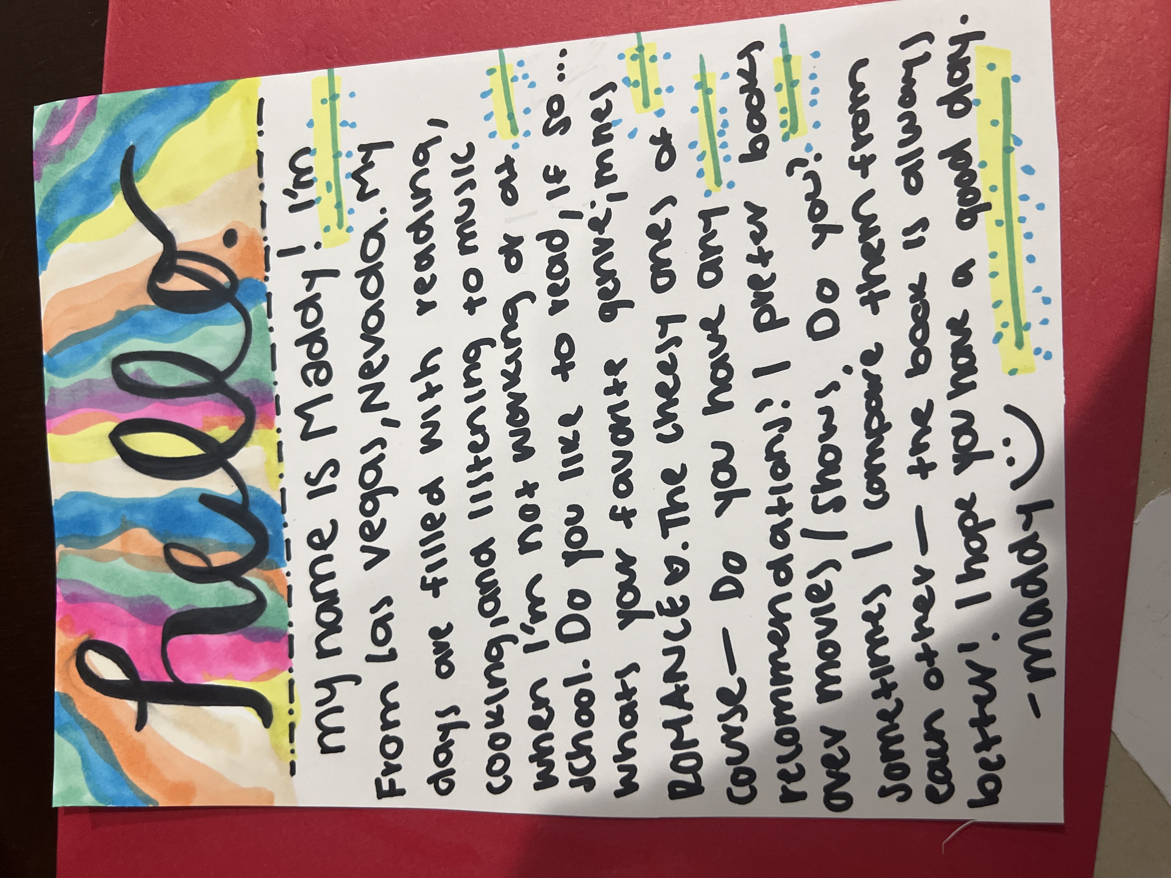A letter from Maddy in Nevada sharing hobbies, favorite memories, and warm wishes.